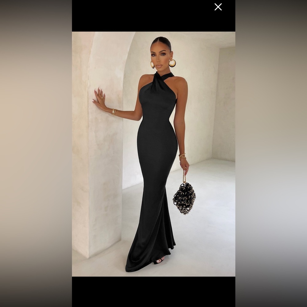 Club L London black satin cross over halter neck maxi dress. Size 4